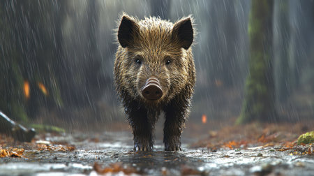 Portrait of a wild boar standing in a serene forest during rain. The damp environment highlights the animal's wet fur and natural habitat, capturing the essence of wildlife.の素材
