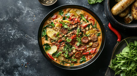 A vibrant vegetable stew in a rustic bowl showcases fresh ingredients and herbs, perfect for a cozy meal. Ideal for comfort food lovers and home cooks.の素材