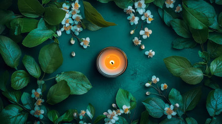 A serene candle rests at the center, surrounded by lush green leaves and delicate white flowers, creating a calming and peaceful atmosphere. Perfect for relaxation.の素材