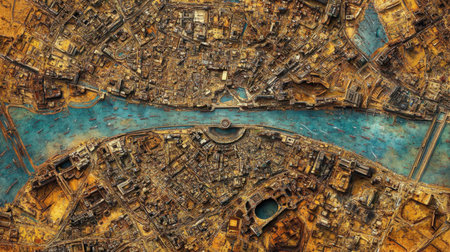 Explore a vibrant aerial view of a cityscape featuring a winding river. This captivating image showcases the intricate patterns of urban life combined with natural elements.の素材