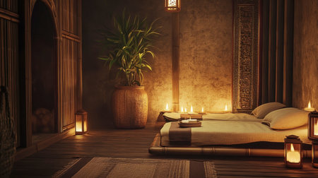 Experience tranquility in this serene spa room. Soft lighting and natural decor create a calming atmosphere perfect for relaxation and wellness treatments.の素材
