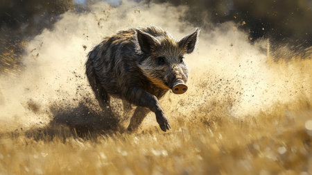 A wild boar runs energetically through a dusty field, kicking up dust in its wake. The image captures the raw energy and beauty of nature in motion.の素材