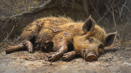 A serene scene of a sleeping wild boar resting on the ground in its natural habitat, showcasing the beauty of wildlife and tranquility in nature.の素材