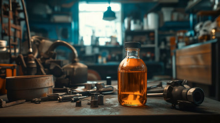 A captivating vintage workshop scene featuring a glass bottle of liquid surrounded by various tools and equipment, evoking a sense of craftsmanship and creativity.の素材