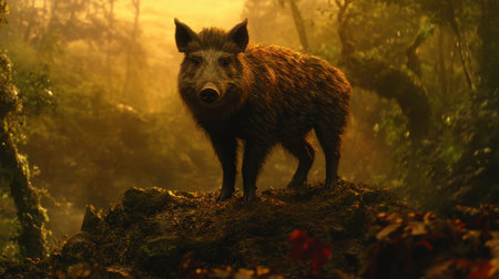 A wild boar stands majestically on a mossy rock in a serene forest during sunset. The golden light filters through the trees, creating a tranquil scene.の素材