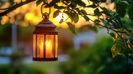 A serene lantern emits a warm glow as it hangs among leaves, captured during a beautiful sunset, creating a tranquil and cozy outdoor ambiance.の素材