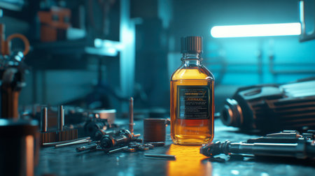 A glowing amber bottle rests on a cluttered workbench amidst various tools, creating an intriguing contrast of light and industrial elements, perfect for showcasing craftsmanship.の素材