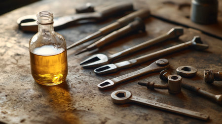A rustic workbench featuring vintage tools arranged around a small bottle of oil. Perfect for projects involving repair, craftsmanship, or industrial design.の素材