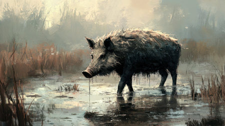 A wild boar walks through misty wetlands, surrounded by lush grasses and still water. The serene atmosphere captures the beauty of nature.の素材