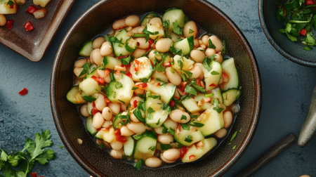 This vibrant cucumber salad features fresh ingredients, including beans and herbs, offering a healthy, delicious option for any meal or gathering.の素材