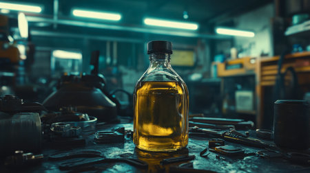 A glass bottle filled with yellow oil stands prominently on a workbench surrounded by various tools. The scene captures a warm industrial ambiance in a workshop setting.の素材