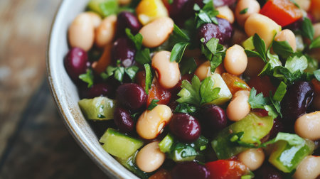 A vibrant bowl of fresh bean salad featuring a mix of colorful vegetables, herbs, and beans. Perfect as a nutritious appetizer or side dish.の素材