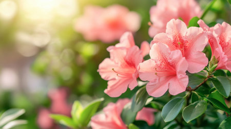 Captivating close-up of soft pink azalea blooms illuminated by gentle sunlight. This image captures the beauty of nature in a serene garden setting.の素材