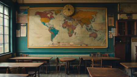 A nostalgic classroom setting featuring a vintage world map on the wall, wooden desks, and an antique clock, perfect for educational themes.の素材