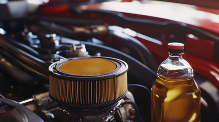 Close-up view of an engine with a yellow air filter and oil bottle, illustrating essential automotive maintenance products and components for vehicle care.の素材