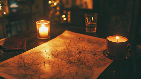A warm and inviting scene featuring a detailed map, candlelight, and a glass on a wooden table, perfect for travel planning and cozy evenings.の素材