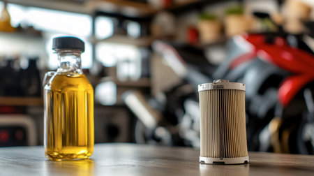 A closeup view of an oil filter and a bottle of oil in a well-organized workshop setting. Ideal for automotive or maintenance-related themes.の素材