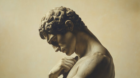 A captivating sculpture of a male figure exuding emotion, showcasing classic artistry with detailed craftsmanship and timeless beauty in a serene pose.の素材