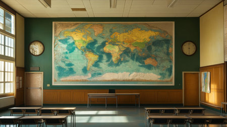 Bright classroom featuring a large world map mural. The empty desks suggest a learning environment, with clocks emphasizing time in education. Perfect for themes of teaching and geography.の素材