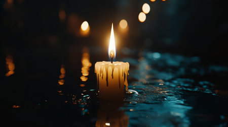 A serene candle burns gently on a tranquil water surface, creating a beautiful reflection in a dimly lit environment, perfect for a peaceful atmosphere.の素材