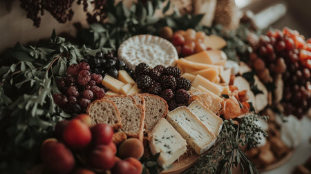 A beautifully arranged platter featuring a variety of cheeses, fresh fruits, and herbs, perfect for entertaining or special occasions, adding elegance to any gathering.の素材