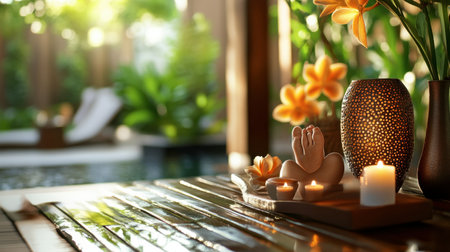 A tranquil spa setting featuring soft candles, vibrant flowers, and soothing elements, promoting relaxation, wellness, and a serene atmosphere for rejuvenation.の素材