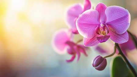 A stunning close-up of a pink orchid blossom captures nature's beauty. The soft light enhances its vibrant petals, creating an elegant atmosphere.の素材