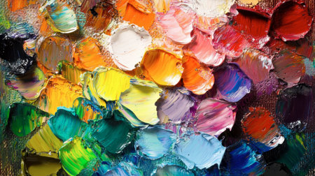 An abstract composition showcasing a vibrant array of oil paints on a textured canvas surface. Ideal for creative projects focusing on art and color.の素材
