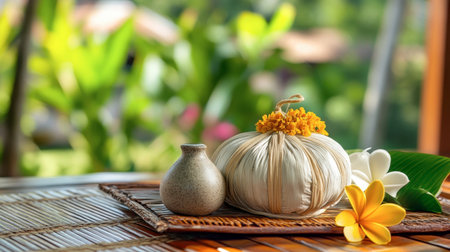Experience a serene spa atmosphere featuring herbal elements and vibrant flowers. This calming arrangement enhances relaxation and tranquility, ideal for wellness visuals.の素材