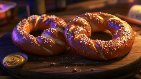Enjoy these freshly baked pretzels served with a tangy mustard dip. Perfect for snacks or gatherings, they offer a warm and delicious experience.の素材