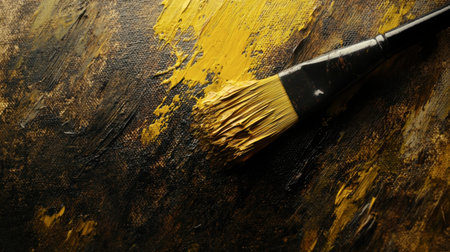 A closeup of a paintbrush with yellow paint on a textured canvas, highlighting the artistic tools and vibrant colors. Perfect for art and creative themes.の素材