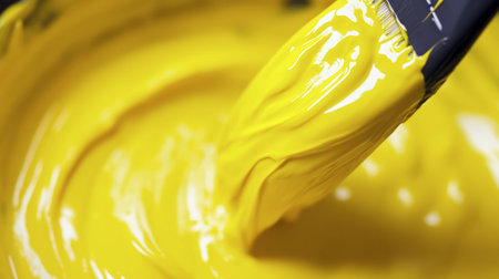 A close-up view of bright yellow paint being mixed in a bowl with a brush. The vivid color showcases the texture and fluidity perfect for artistic projects.の素材
