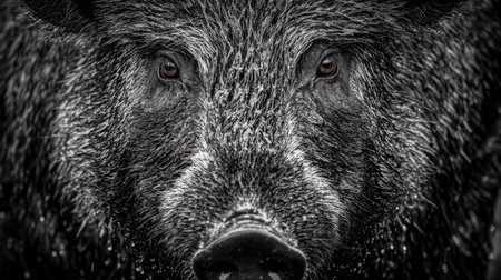 This striking close-up captures the intense gaze of a wild boar, highlighting its fierce features and textured fur, showcasing raw and powerful wildlife in nature.の素材