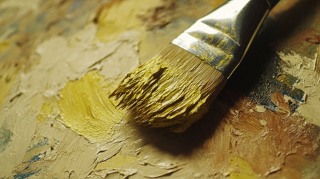 A close-up view of a paintbrush resting on an artist's palette, showcasing vibrant yellow paint and rich textures. Ideal for art and creativity themes.の素材