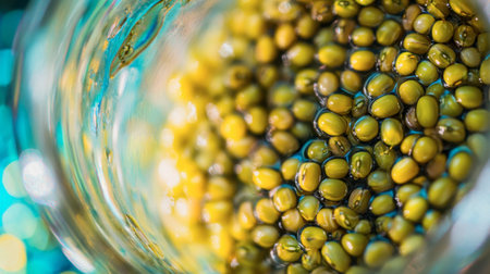 Close-up view of fresh green mung beans in a glass container. Ideal for showcasing healthy food options, nutrition, and culinary ingredients.の素材
