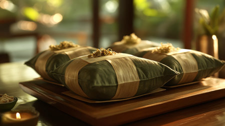 Soft green cushions arranged neatly on a wooden tray, set in a bright indoor environment. Ideal for showcasing relaxation and comfort aesthetics.の素材