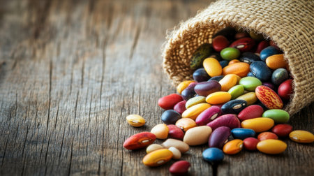 A vibrant assortment of colorful beans spilling from a burlap sack on a rustic wooden table, showcasing the beauty of natural ingredients and healthy eating.の素材