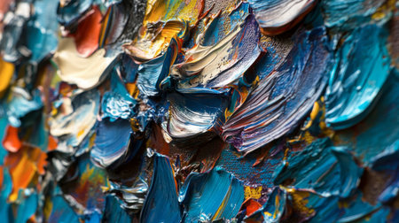 Close-up view of an abstract oil painting showcasing vibrant colors and dynamic textures. The intricate brushstrokes create a visually appealing depth and dimension.の素材