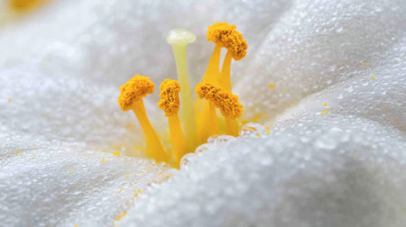 A captivating close-up image showcasing the intricate details of flower stamens adorned with fresh dew drops, highlighting nature's pure beauty.の素材