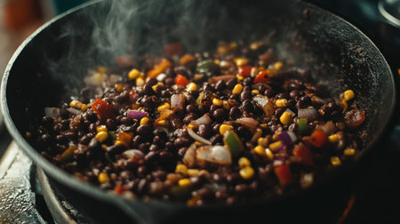 A vibrant mix of black beans, corn, and colorful vegetables simmering in a cast iron pan, creating a delicious and healthy stir-fry dish. Steam rises as the meal cooks, inviting all to enjoy this flavorful culinary experience.の素材