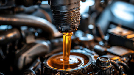 Close-up view of engine oil being poured into a vehicle system, showcasing the importance of lubrication in vehicle maintenance and repair operations.の素材