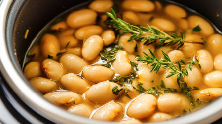 A close-up view of white beans simmering in a pot, infused with fresh herbs like thyme, showcasing a wholesome and nutritious meal preparation.の素材