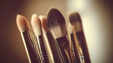 A closeup of various makeup brushes arranged elegantly, showcasing the bristles and handles in soft light, ideal for beauty and cosmetics themes.の素材