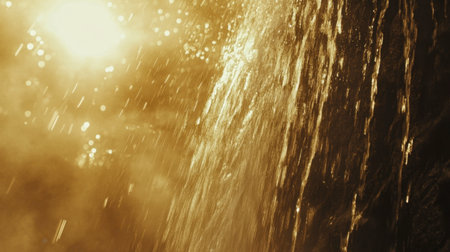 Captivating view of a golden waterfall bathed in sunlight, creating shimmering reflections and a tranquil atmosphere in a natural landscape. Perfect for nature scenes.の素材
