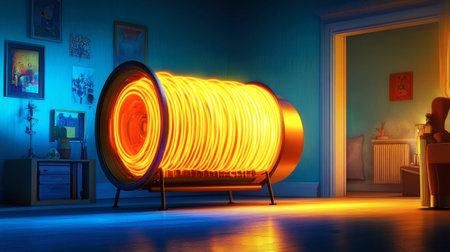 A vibrant heat lamp radiates a warm glow in a cozy living room, creating a soothing ambiance. Perfect for showcasing modern interior design concepts.の素材