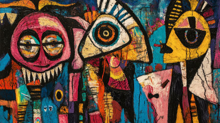 This vibrant abstract artwork features bold shapes and colorful expressions, perfect for modern decor. It evokes creativity and dynamic visual energy.の素材