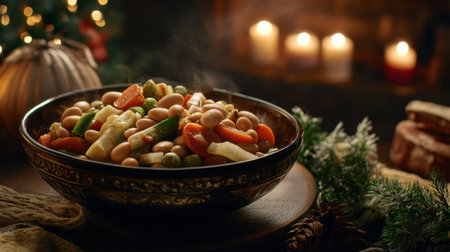 A vibrant bowl of steamed vegetables showcases a warm and festive atmosphere, perfect for holiday gatherings, adding color and flavor to any table setting.の素材