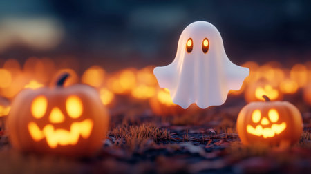 A whimsical ghost hovers above glowing jack-o'-lanterns, creating a festive Halloween atmosphere. Ideal for seasonal themes and spooky celebrations.の素材