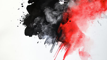 Dramatic abstract ink splash featuring vibrant red and black colors against a white background. Perfect for creative projects, designs, and art presentations.の素材