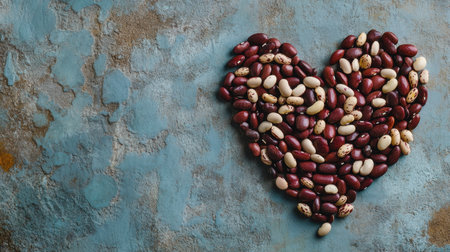 A heart shape creatively made from colorful beans rests on a textured blue background, symbolizing love and health in culinary art. Perfect for food-themed projects.の素材